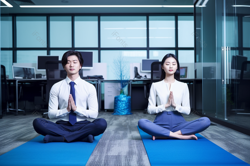 年轻男女在办公室锻炼瑜伽,高清,摄影图,摄影图片,图片大全,摄影图免费下载